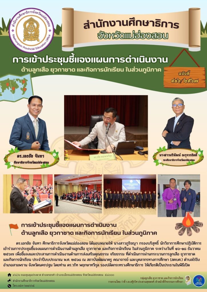 ประชุมชี้แจงแผนการดำเนินงานด้านลูกเสือ ยุวกาชาด และกิจการนักเรียน ในส่วนภูมิภาค ระหว่างวันที่ 16-18 ธันวาคม 2567