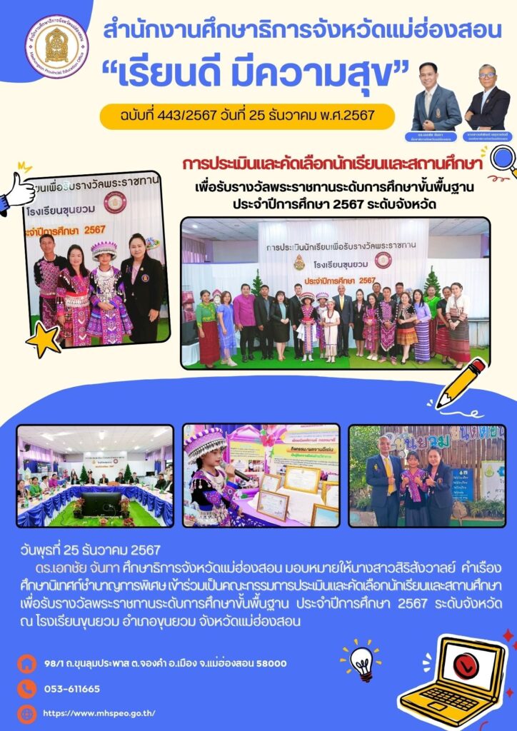 การประเมินและคัดเลือกนักเรียนและสถานศึกษา เพื่อรับรางวัลพระราชทานระดับการศึกษาขั้นพื้นฐาน ประจำปีการศึกษา 2567 ระดับจังหวัด